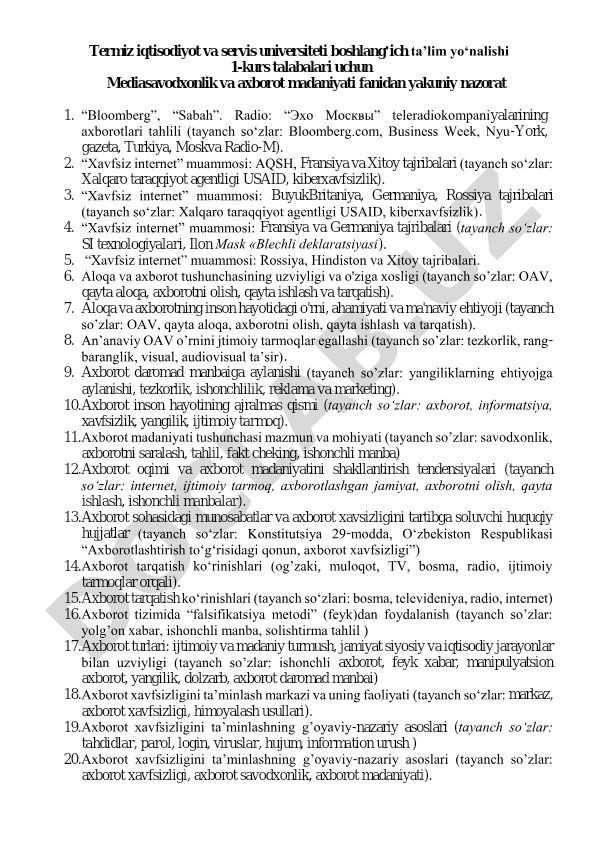 Mediasavodxonlik va axborot madaniyati fanidan yakuniy nazorat topshiriqlari