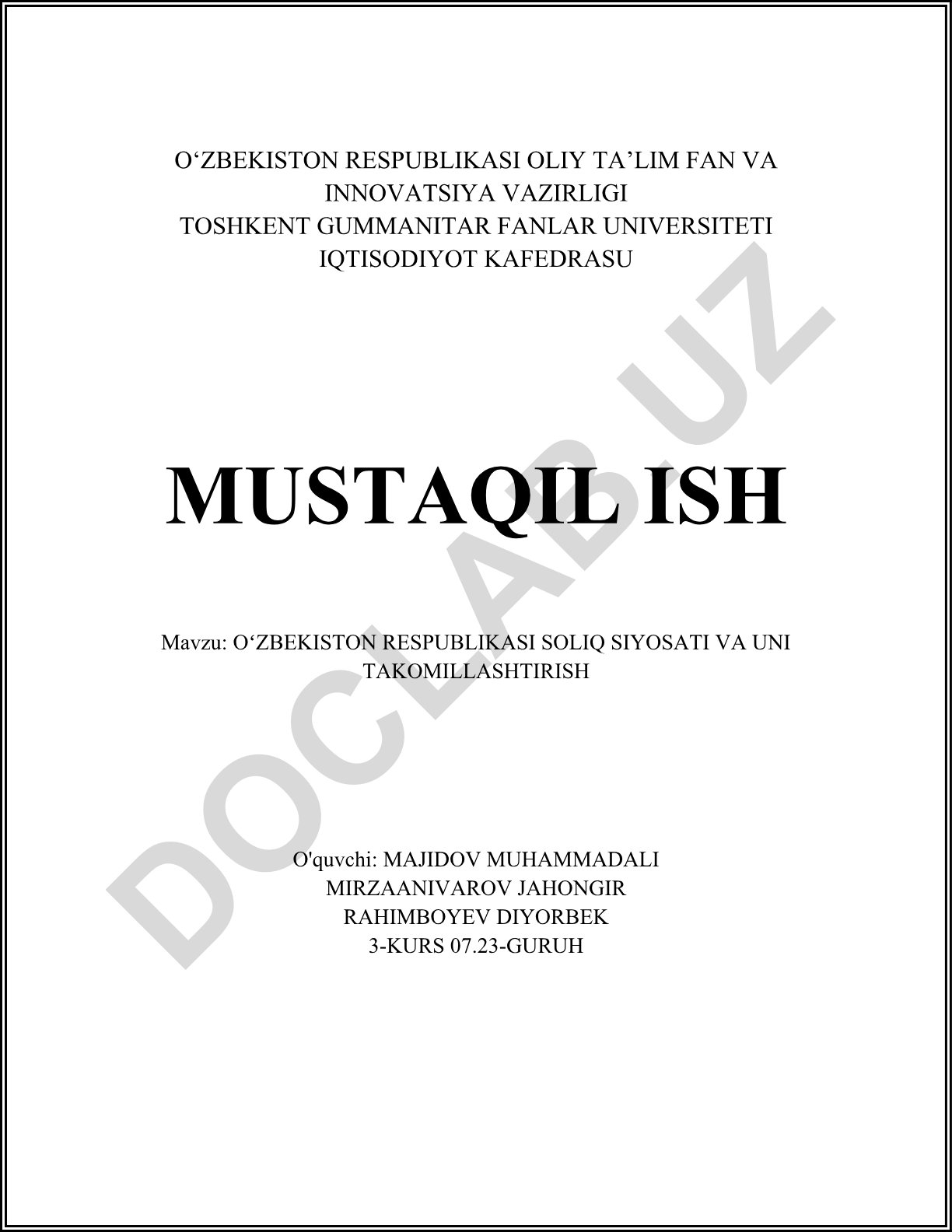 Oʻzbekiston Respublikasi soliq siyosati va uni takomillashtirish
