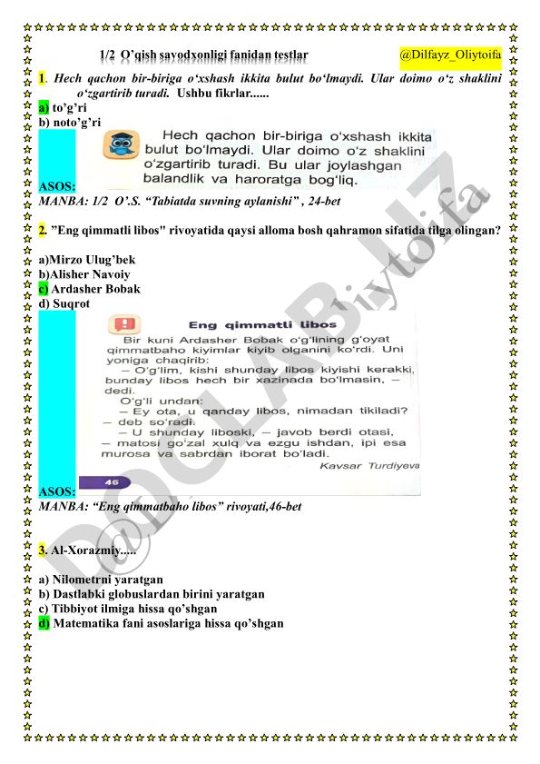 O'qish savodxonligi fanidan testlar