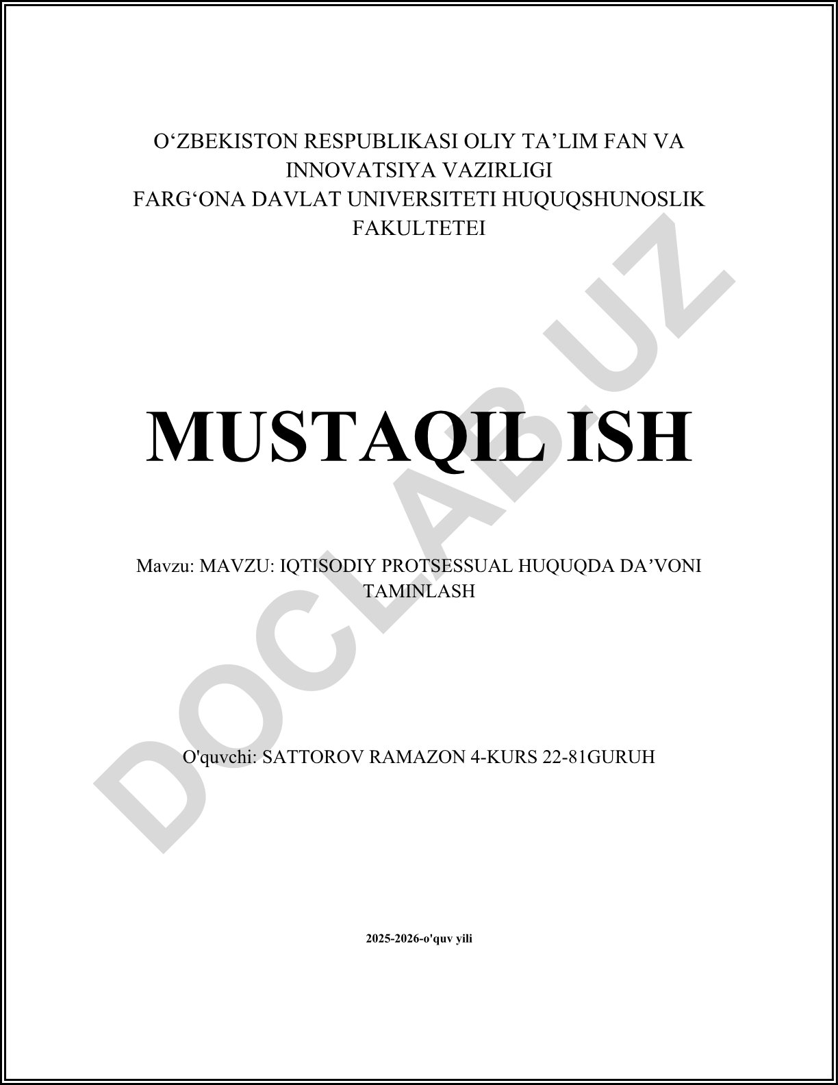 Iqtisodiy protsessual huquqda da'voni ta'minlash