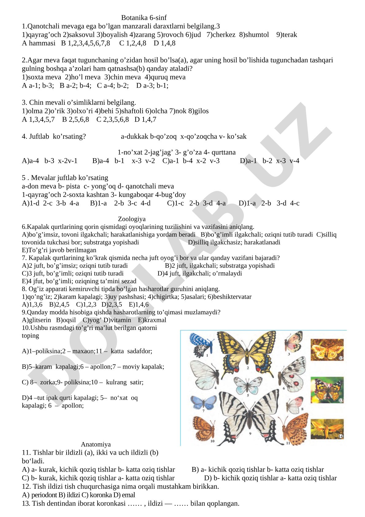 Botanika va zoologiya 6-sinf test savollari