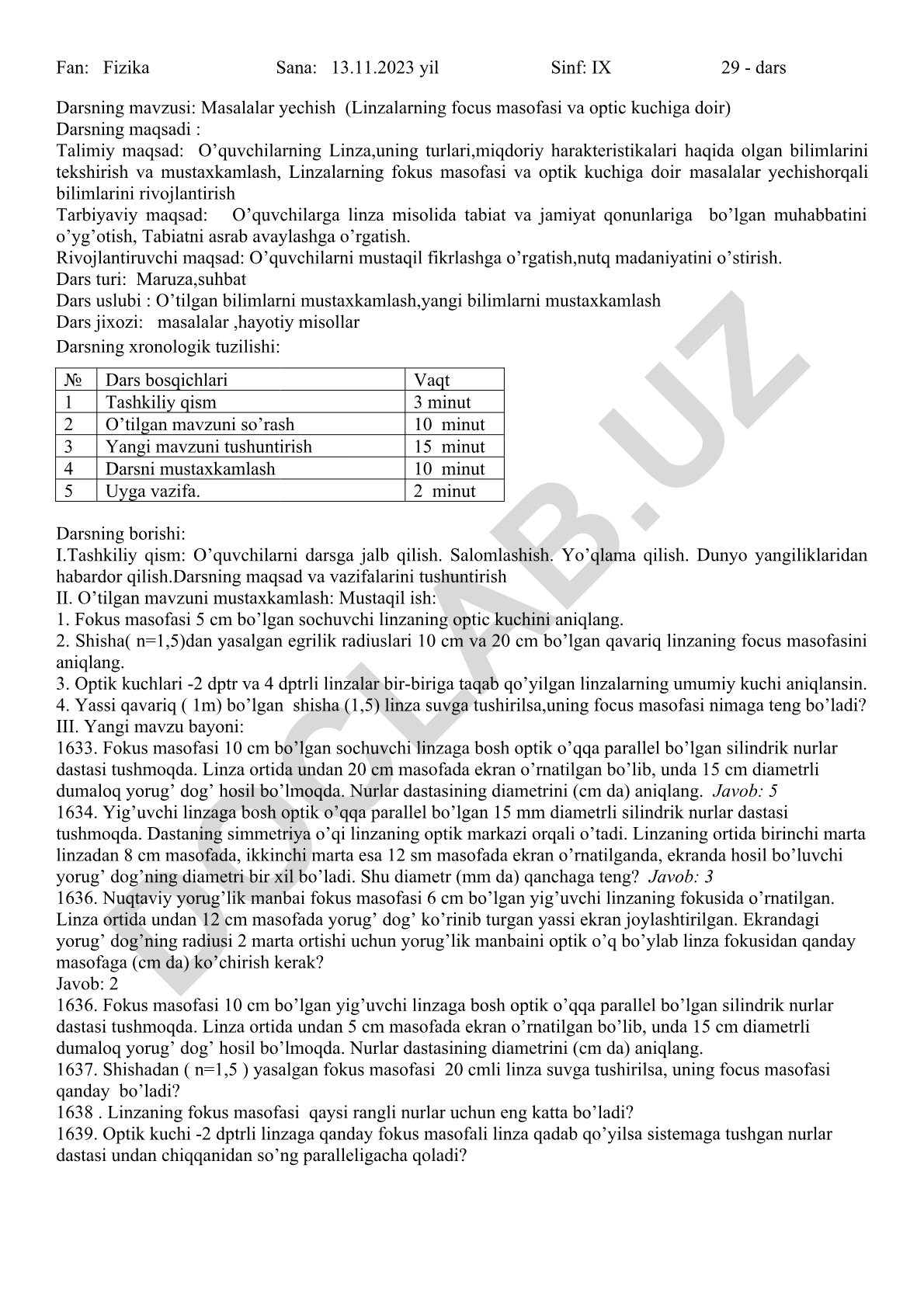 Masalalar yechish (Linzalarning focus masofasi va optic kuchiga doir)