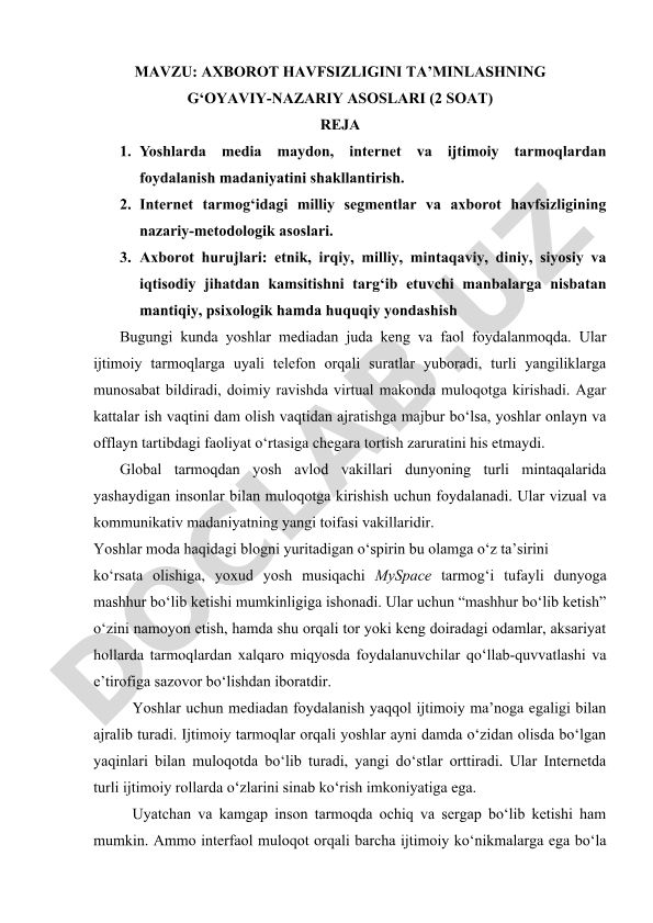 AXBOROT HAVFSIZLIGINI TA’MINLASHNING G‘OYAVIY-NAZARIY ASOSLARI