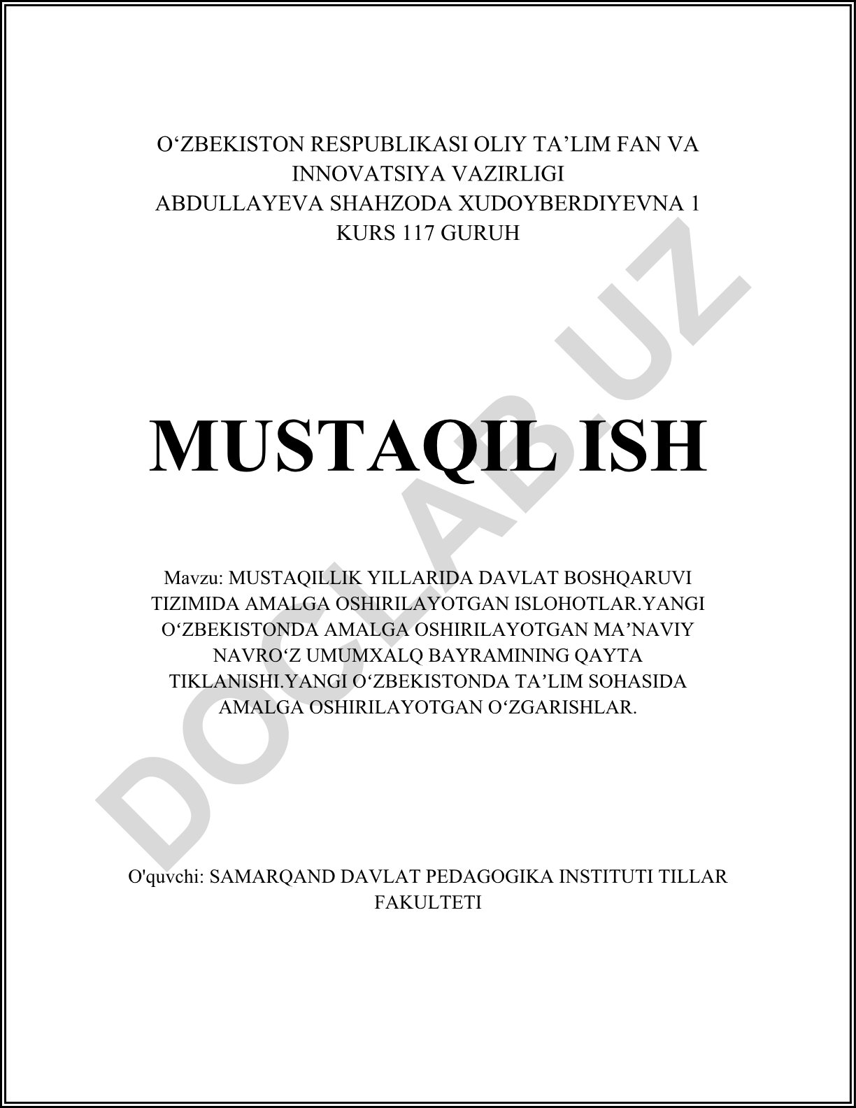 Mustaqillik yillarida davlat boshqaruvi tizimida amalga oshirilayotgan islohotlar