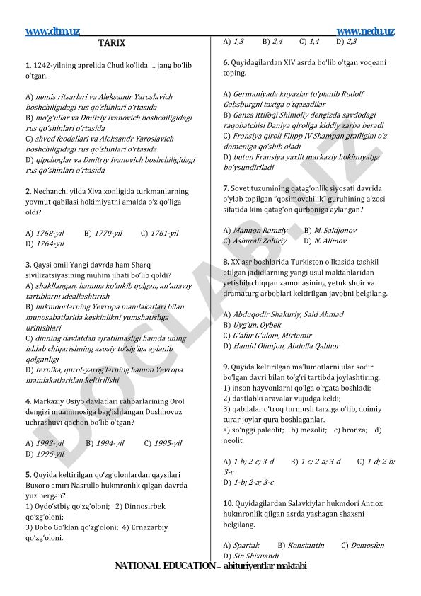Tarix fanidan test savollari