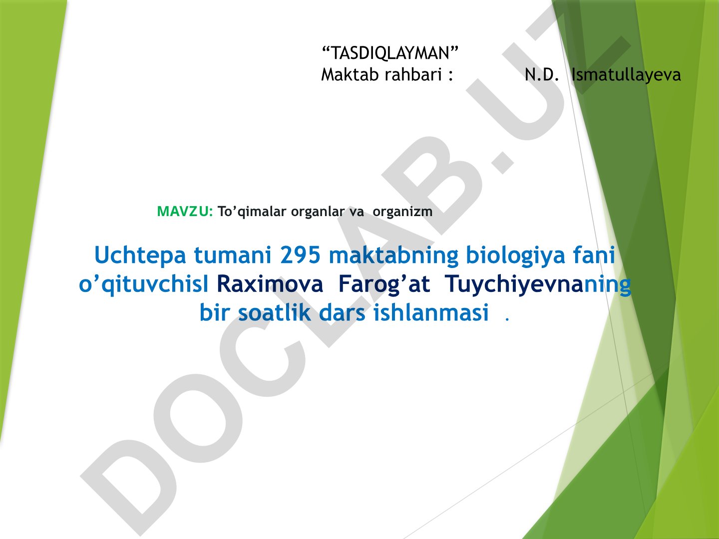 To’qimalar, organlar va organizm mavzusidagi biologiya darsi
