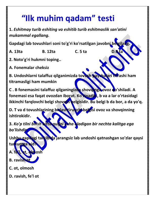 Ona tili va adabiyot fanidan test savollari