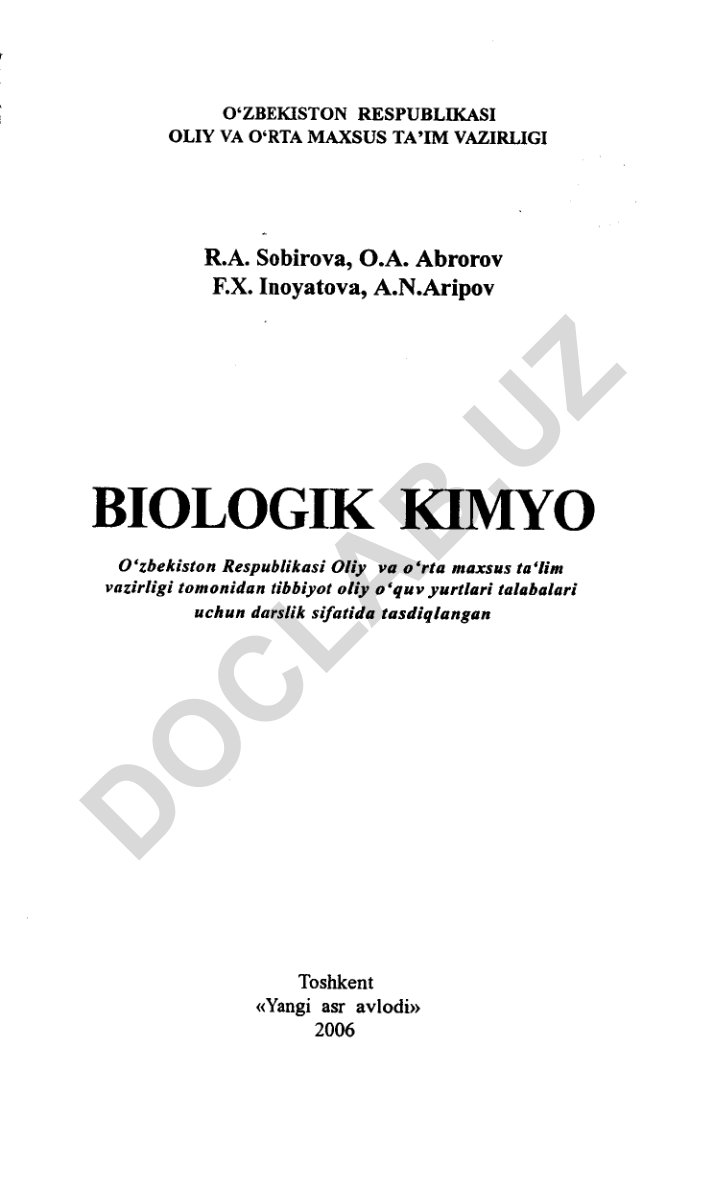 Tibbiyot oliy o'quv yurtlari uchun biologik kimyo darsligi