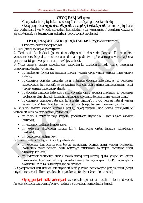 Oyoq panjasining anatomik tuzilishi va innervatsiyasi