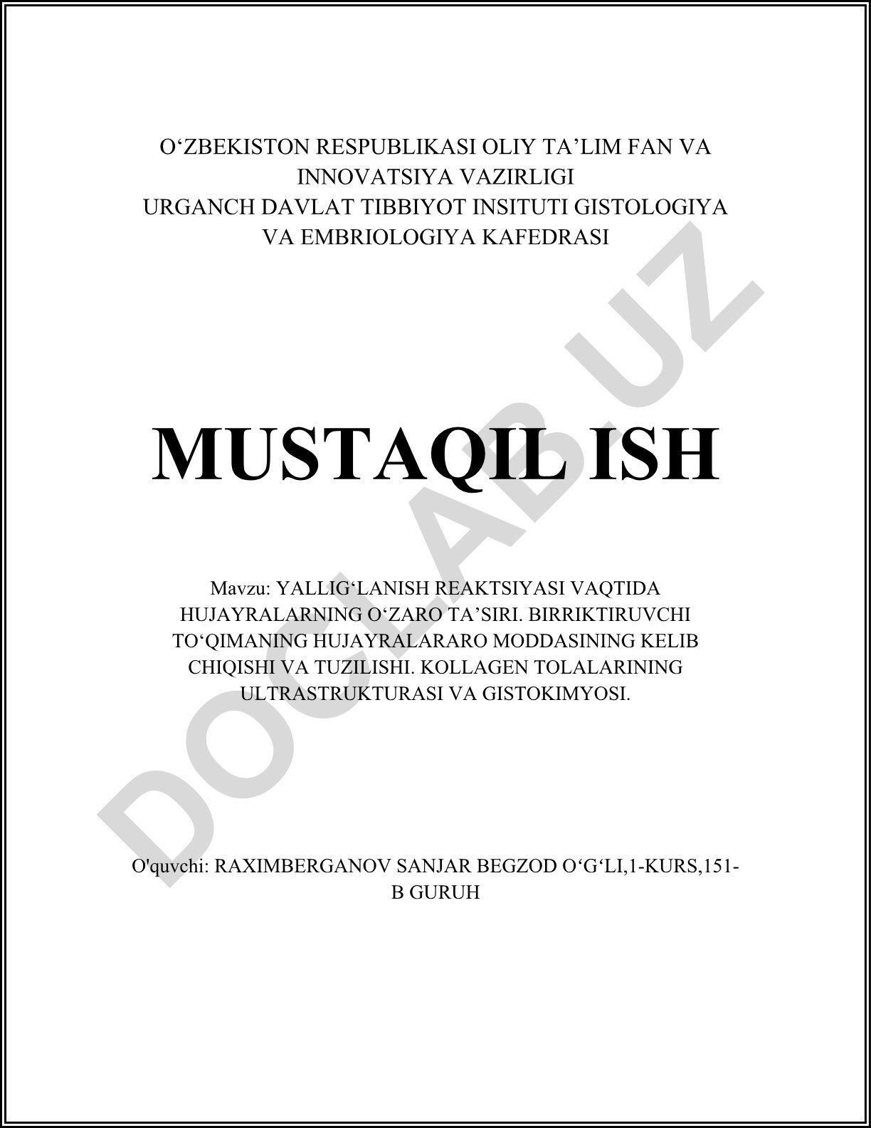 Yallig‘lanish reaksiyasi vaqtida hujayralarning o‘zaro ta’siri. Birriktiruvchi to‘qimaning hujayralararo moddasining kelib chiqishi va tuzilishi. Kollagen tolalarining ultrastrukturasi va gistokimyosi