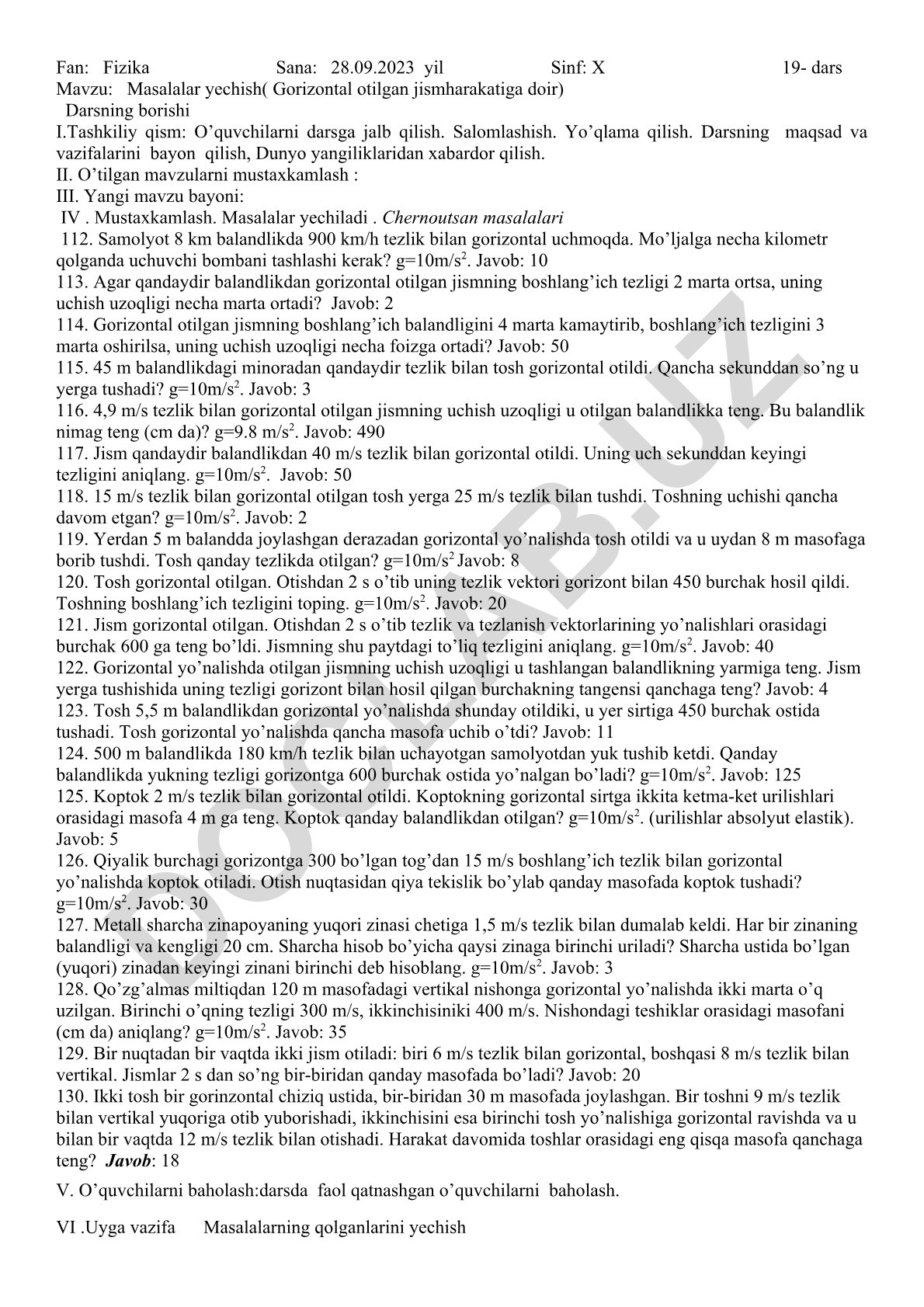 Masalalar yechish (Gorizontal otilgan jism harakatiga doir)