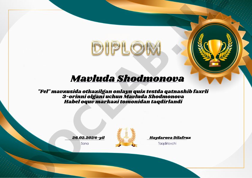 Mavluda Shodmonovaning "Fel" mavzusidagi onlayn quiz testdagi yutuqlari