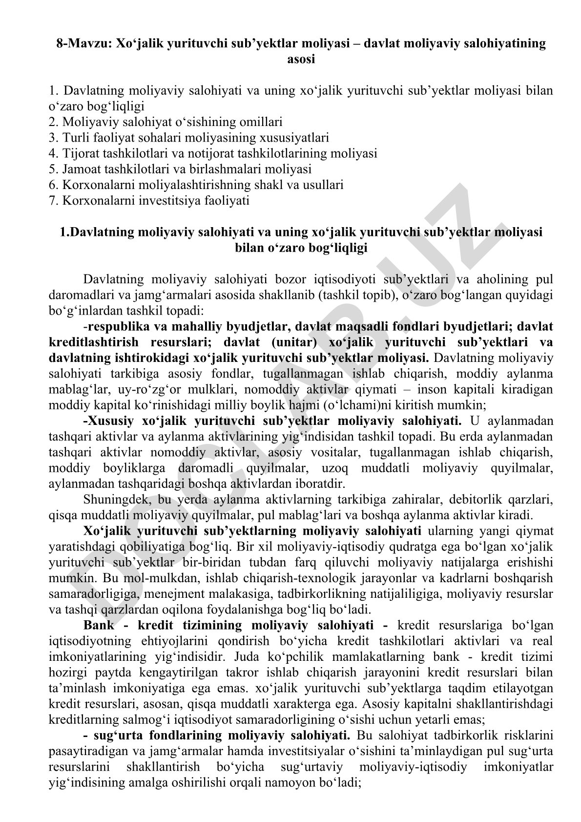 Xo‘jalik yurituvchi sub’yektlar moliyasi – davlat moliyaviy salohiyatining asosi