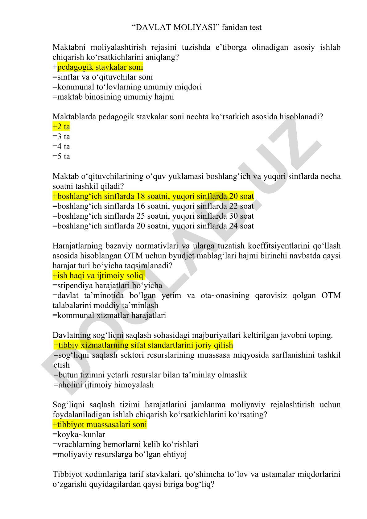 Davlat moliyasi fanidan test savollari