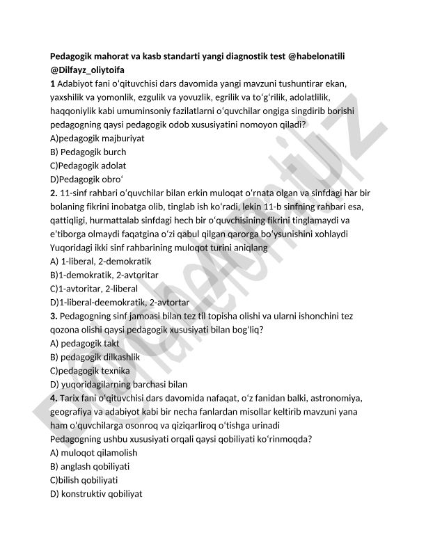Pedagogik mahorat va kasb standarti yangi diagnostik test