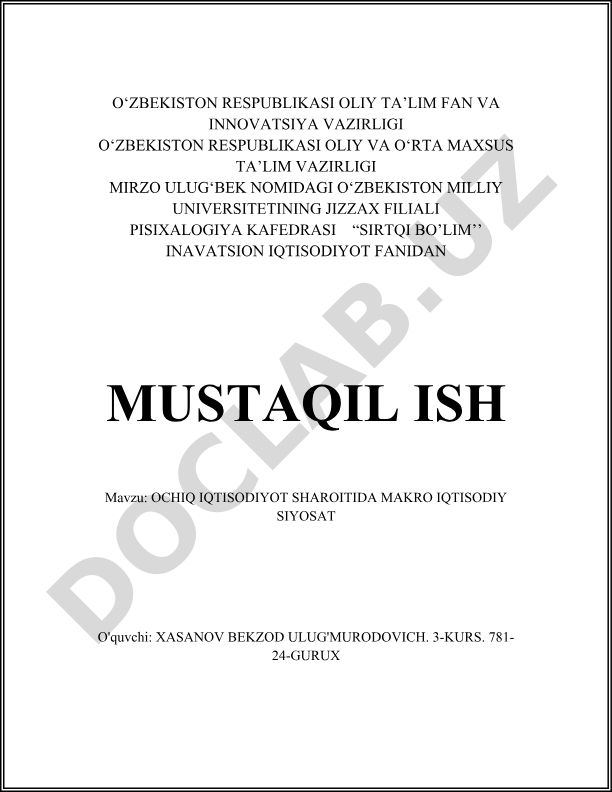 Ochiq iqtisodiyot sharoitida makro iqtisodiy siyosat