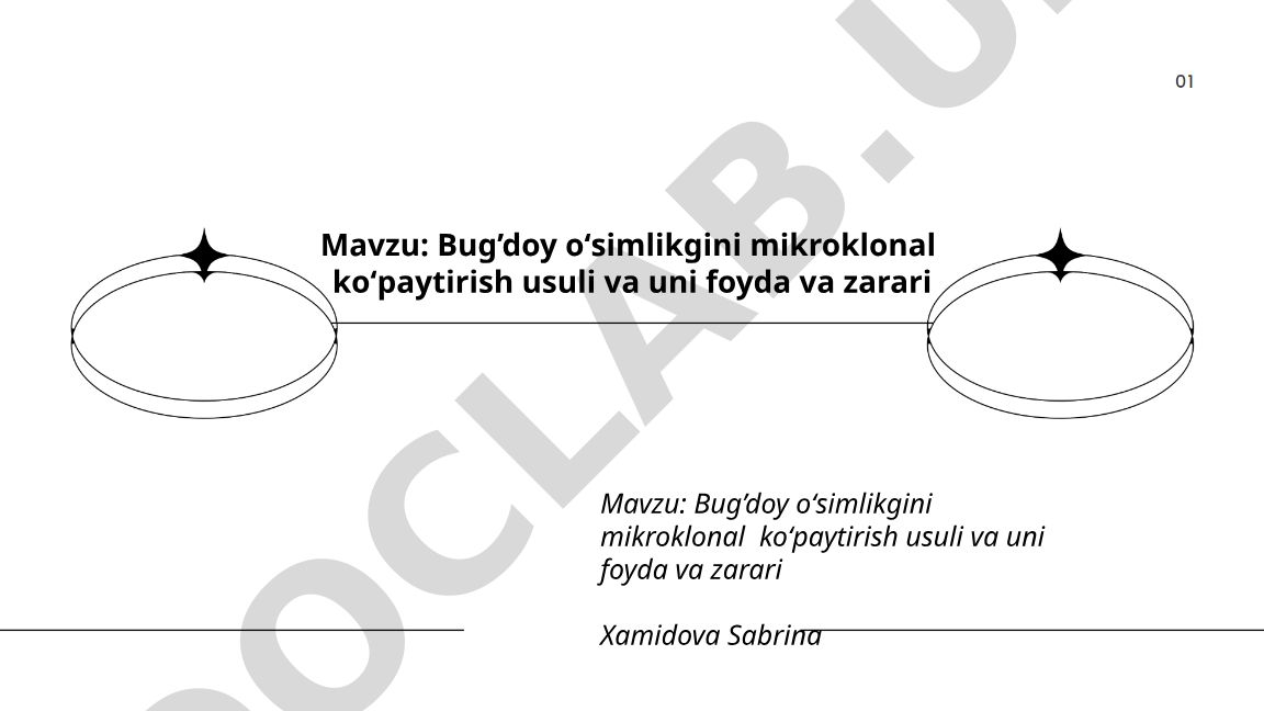 Bug’doy oʻsimlikgini mikroklonal koʻpaytirish usuli va uni foyda va zarari