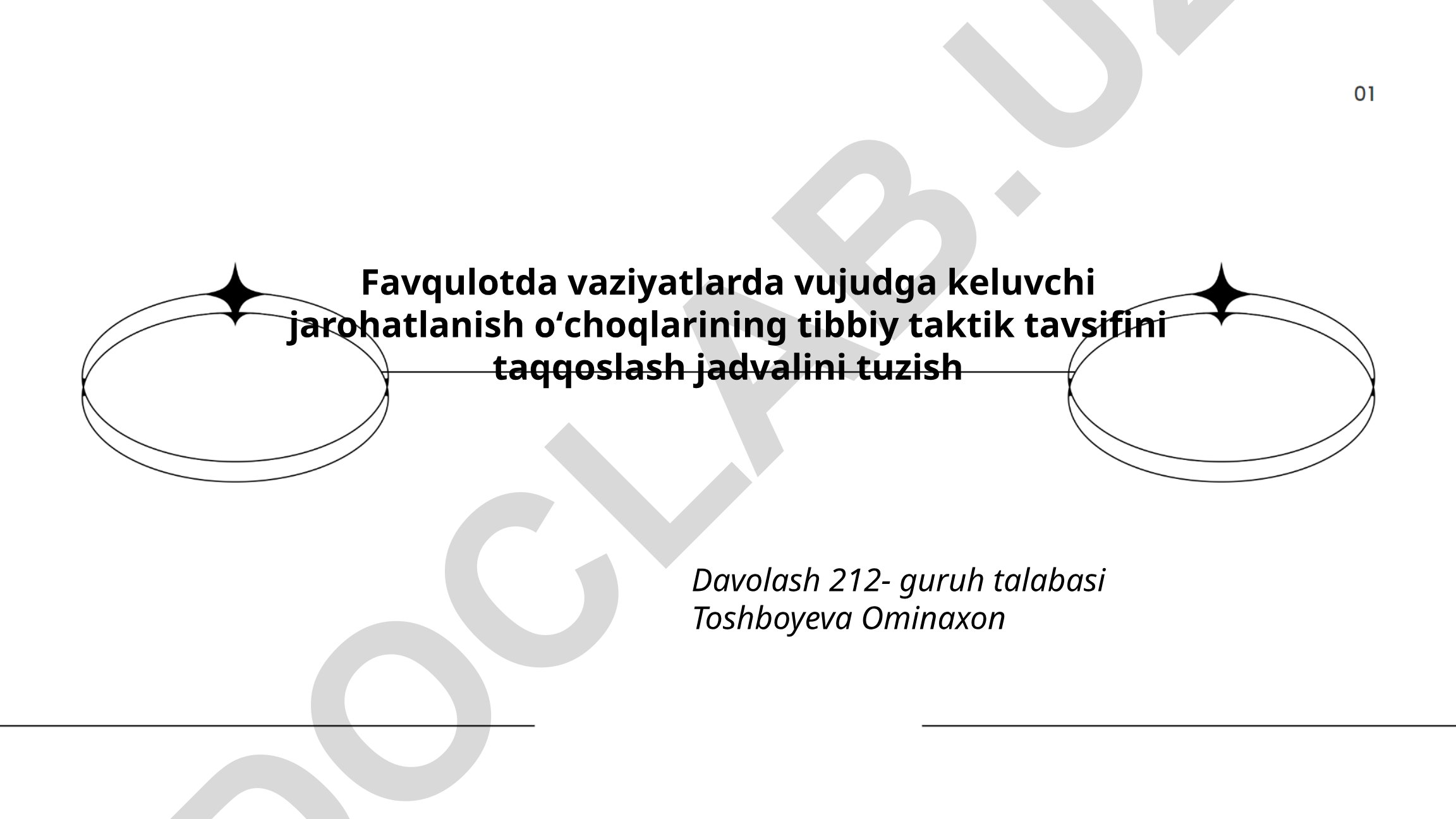 Favqulotda vaziyatlarda vujudga keluvchi jarohatlanish oʻchoqlarining tibbiy taktik tavsifini taqqoslash jadvali