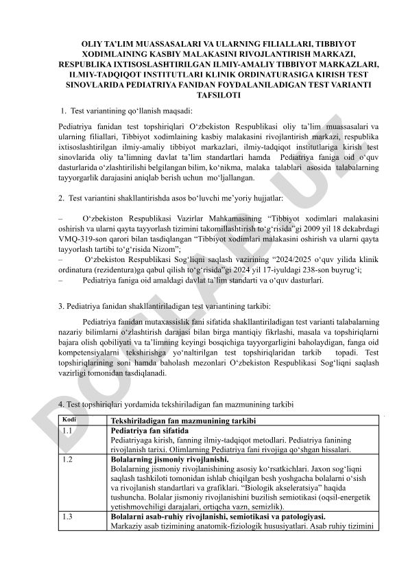 Pediatriya fanidan test variantlari tafsilotlari