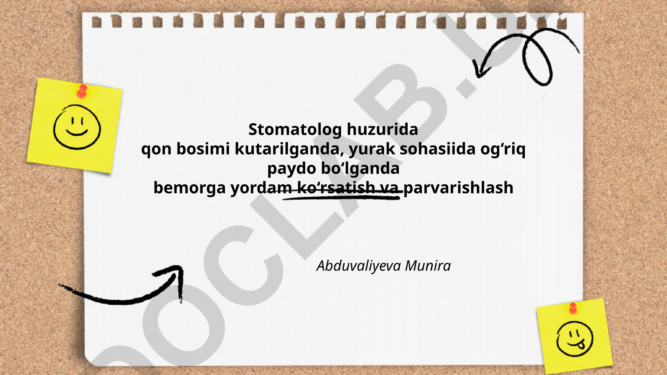 Stomatolog huzurida qon bosimi va yurak og'rig'i holatlarida bemorga yordam