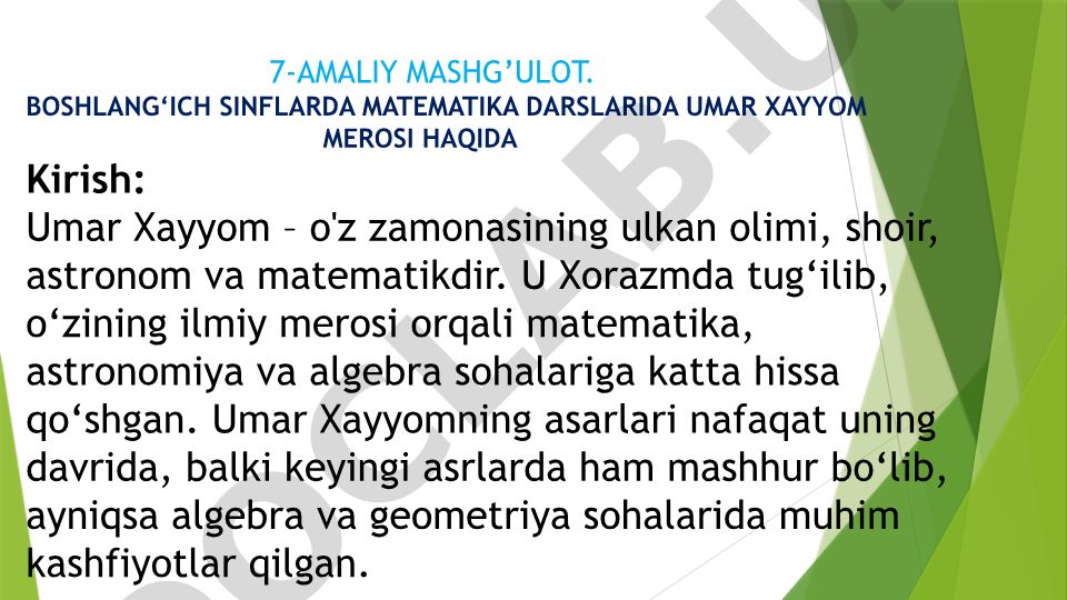 Boshlang'ich sinflarda matematika darslarida Umar Xayyom merosi