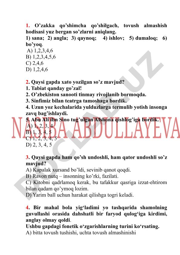 O'zbek tili test savollari va fonetik hodisalar