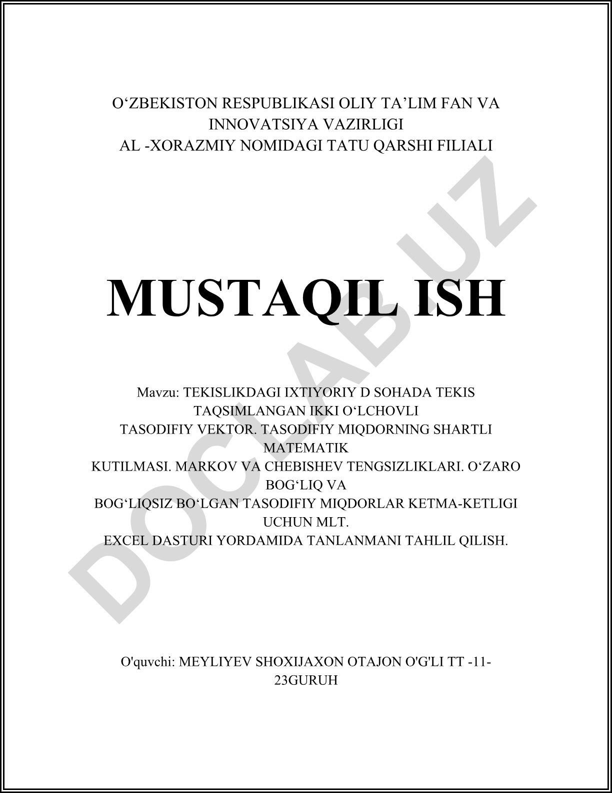 Tekislikdagi ixtiyoriy D sohasida tekis taqsimlangan ikki o‘lchovli tasodifiy vektor