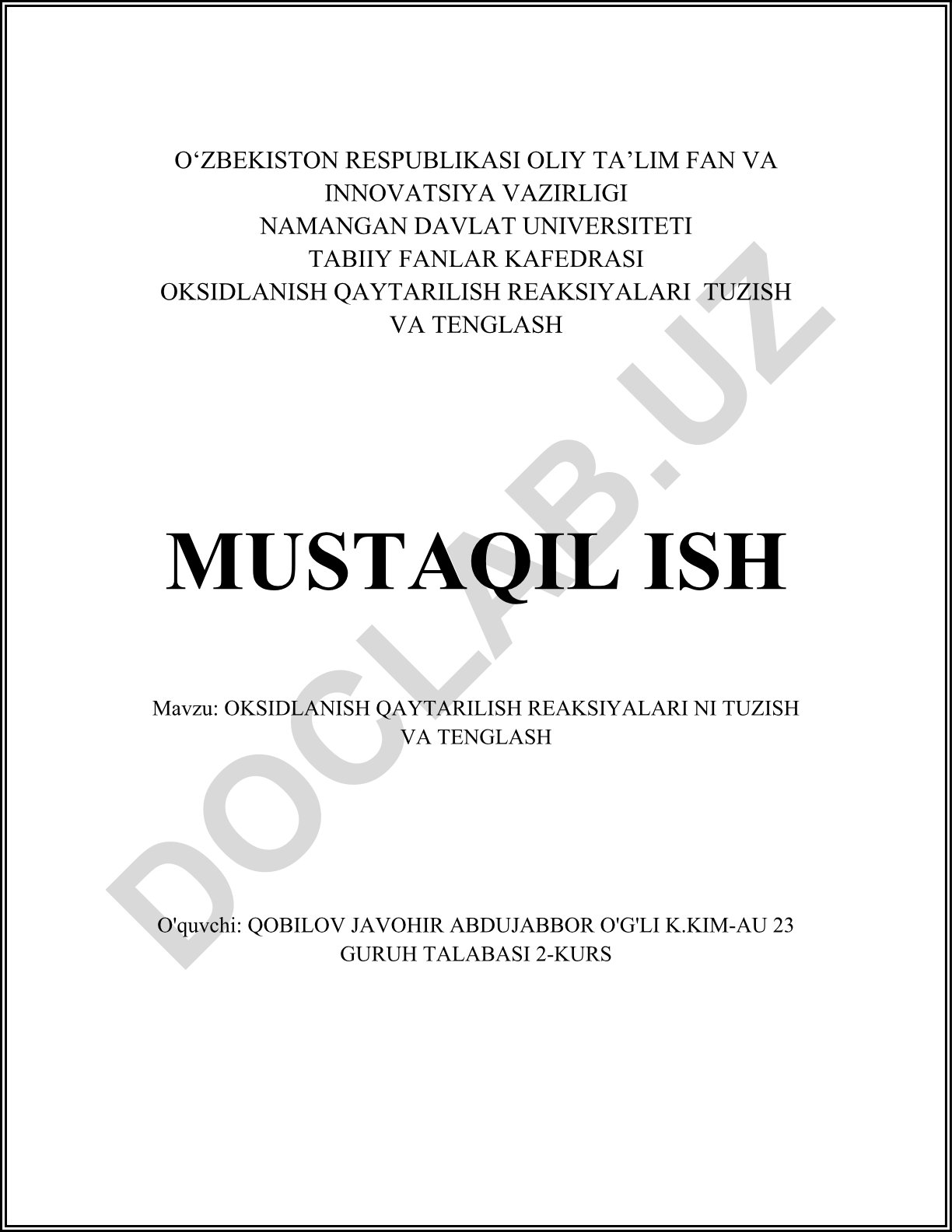 Oksidlanish qaytarilish reaktsiyalarini tuzish va tenglash
