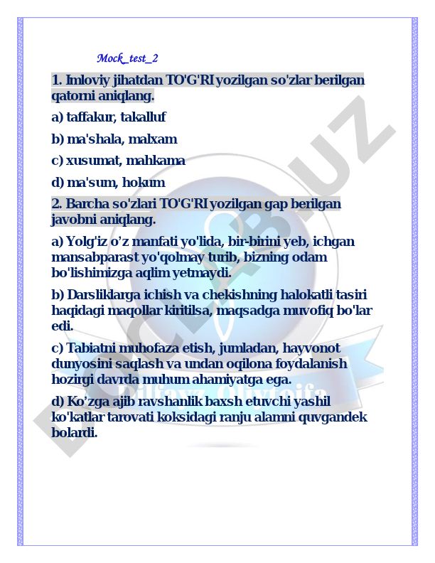 O'zbek tili imlo va badiiy vositalar testi
