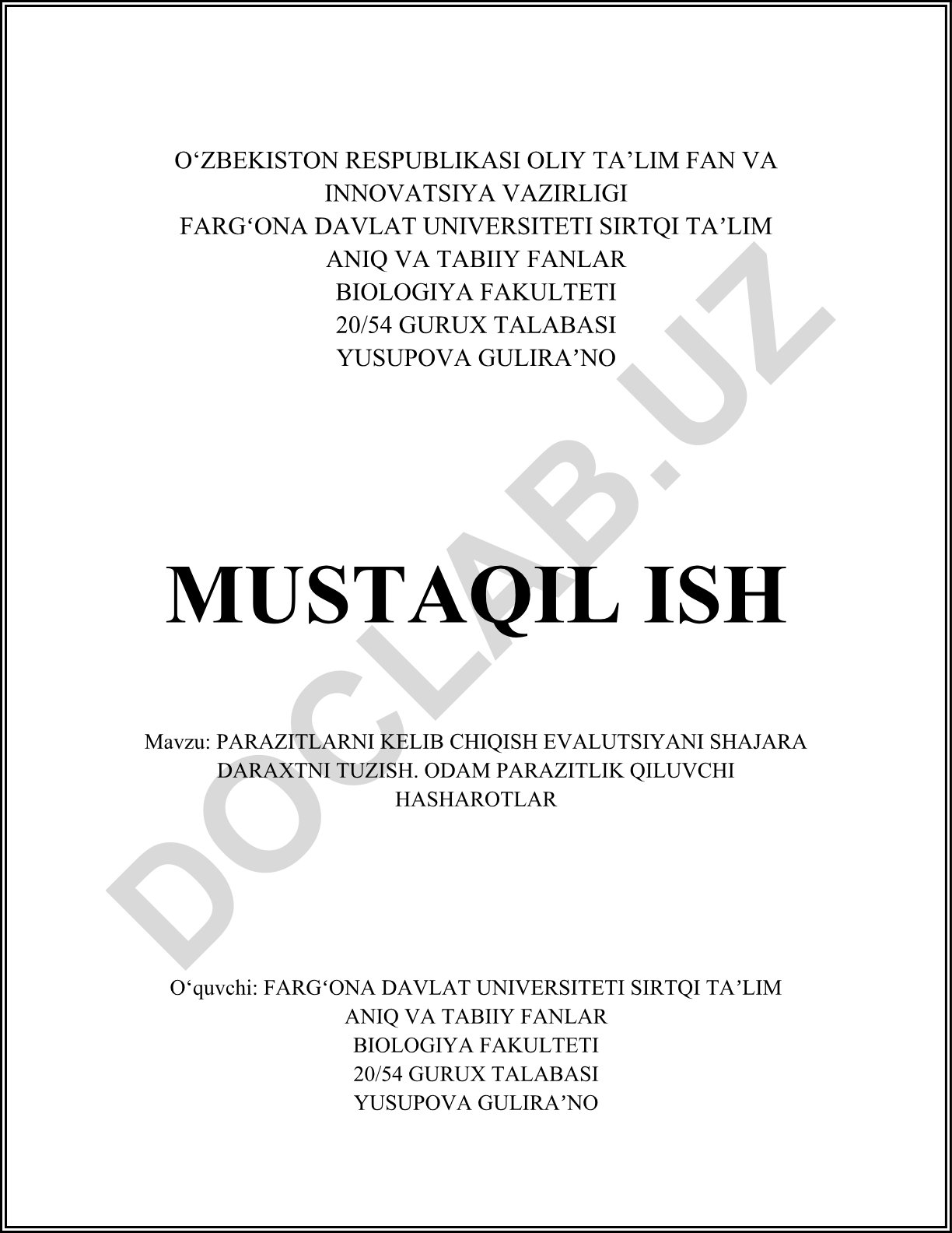Parazitlarning kelib chiqishi evolyutsiyasi va shajara daraxtini tuzish