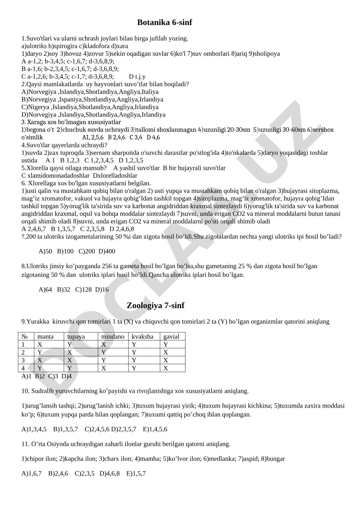 Botanika 6-sinf suvo'tlari mavzusidagi test savollari