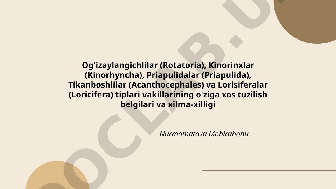 Og'izaylangichlilar, Kinorinxlar, Priapulidalar, Tikanboshlilar va Lorisiferalar tiplarining tuzilishi va xilma-xilligi