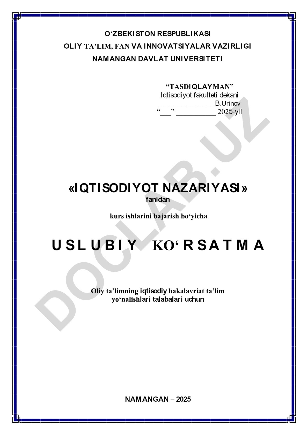 Iqtisodiyot nazariyasi fanidan kurs ishlarini bajarish bo'yicha uslubiy ko'rsatma