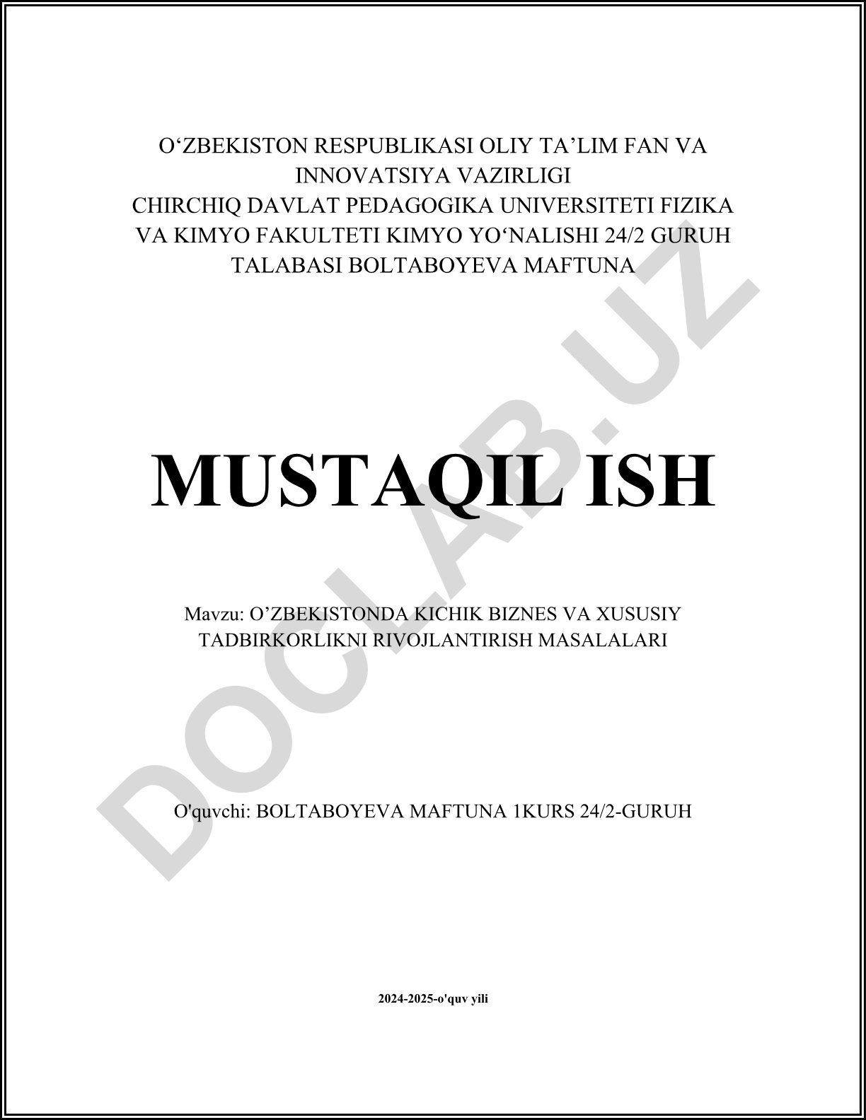 O'zbekistonda kichik biznes va xususiy tadbirkorlikni rivojlantirish masalalari