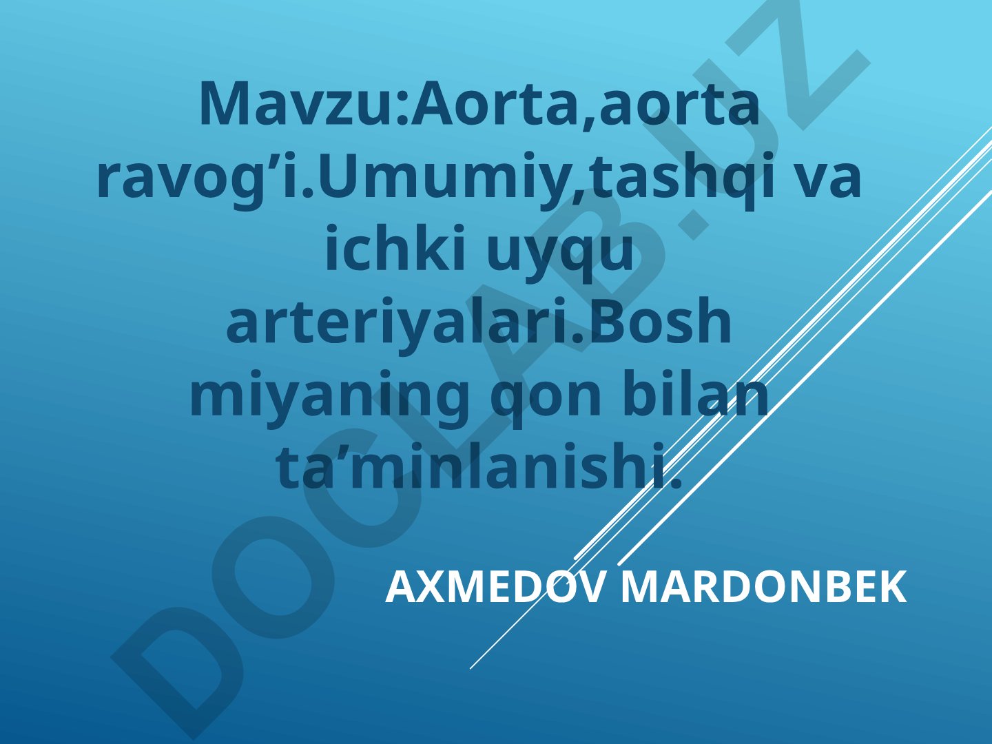Aorta, aorta ravog'i, umumiy, tashqi va ichki uyqu arteriyalari, bosh miyaning qon bilan ta'minlanishi