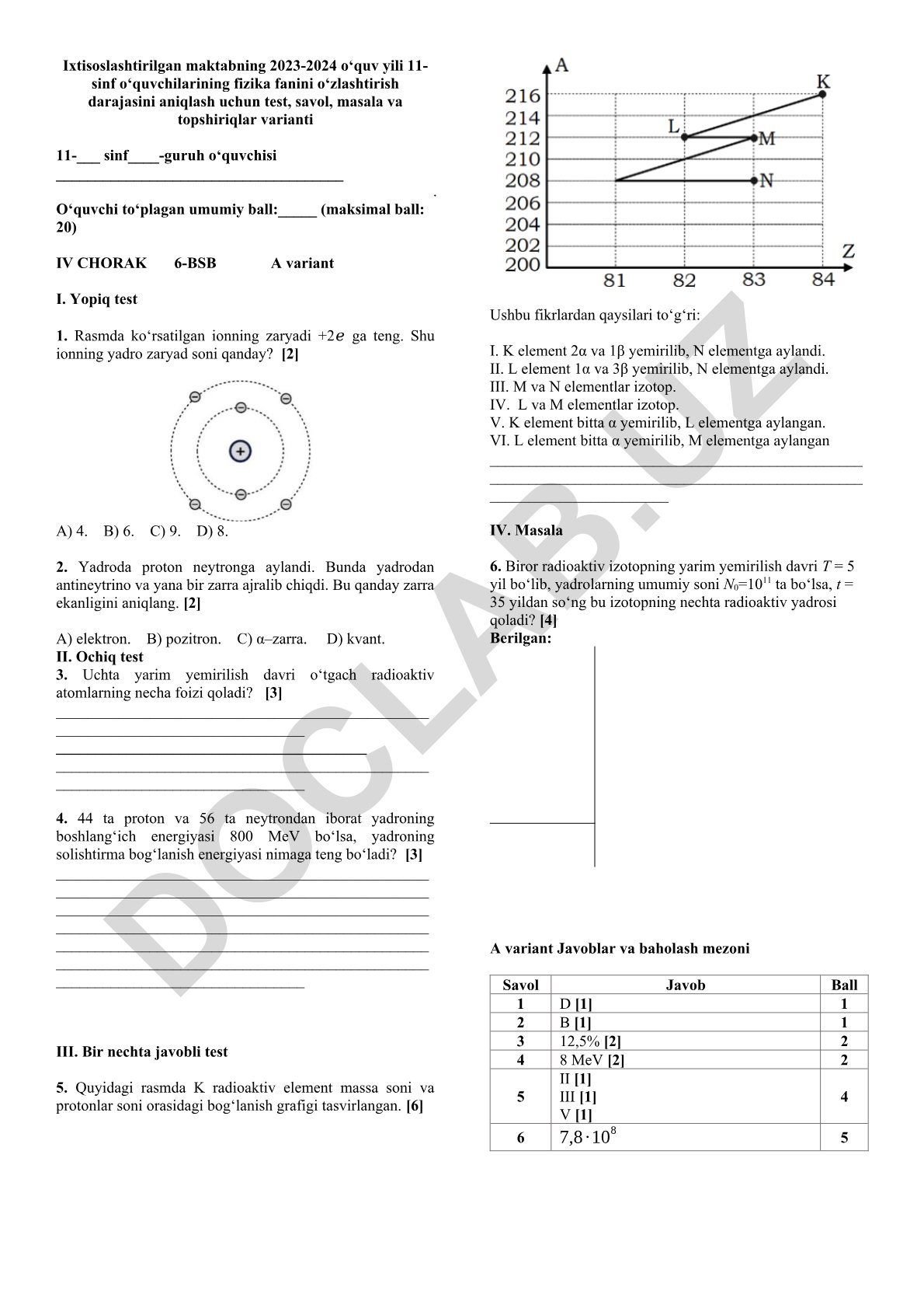 11-sinf fizika fanidan test va topshiriqlar to'plami
