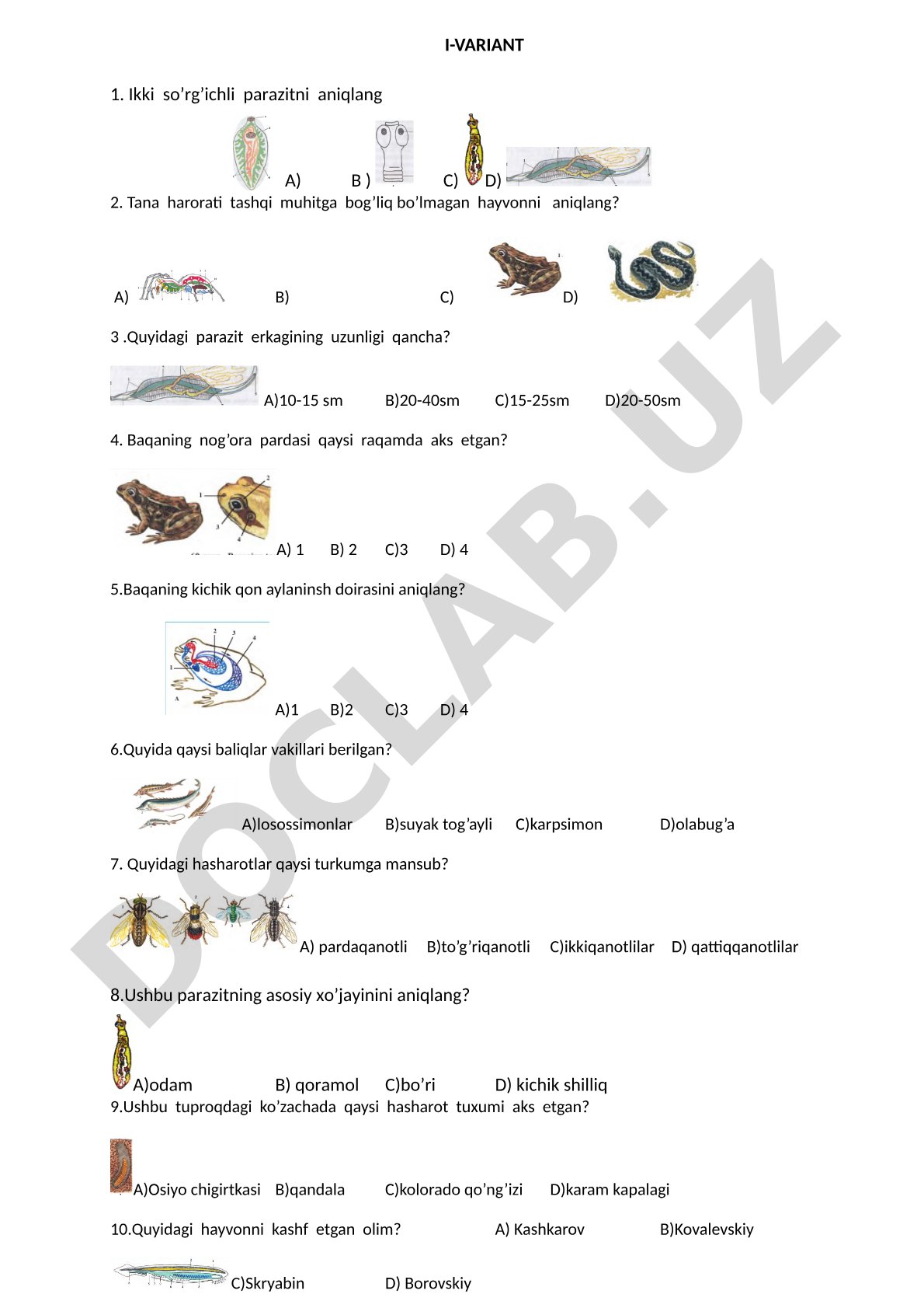 Zoologiya fanidan test variant