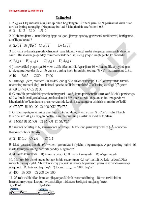 Fizika bo'yicha onlayn test masalalari