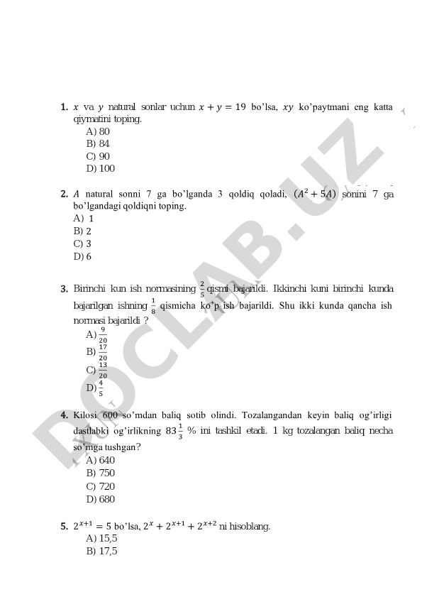 Matematika test savollari va masalalari