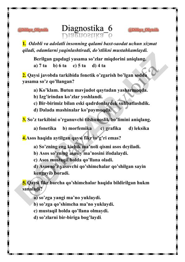 Ona tili fanidan diagnostik test