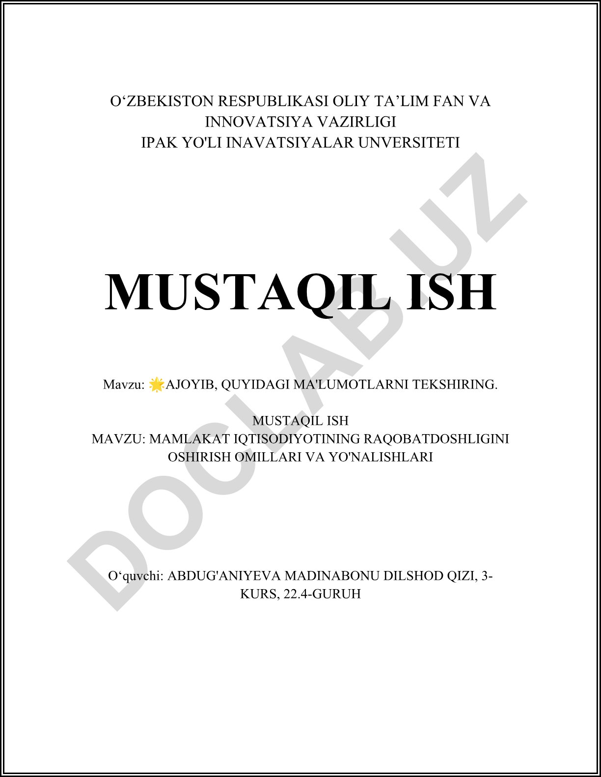Mamlakat iqtisodiyotining raqobatdoshligini oshirish omillari va yo'nalishlari