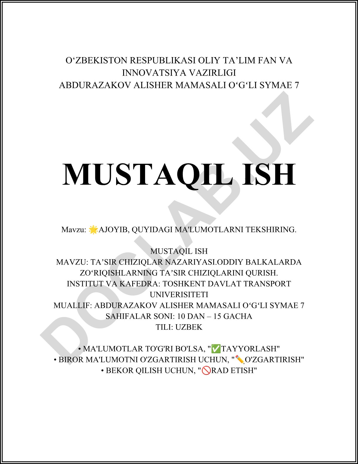 Taʼsir chiziqlar nazariyasi va oddiy balkalarda zoʻriqishlarning taʼsir chiziqlarini qurish