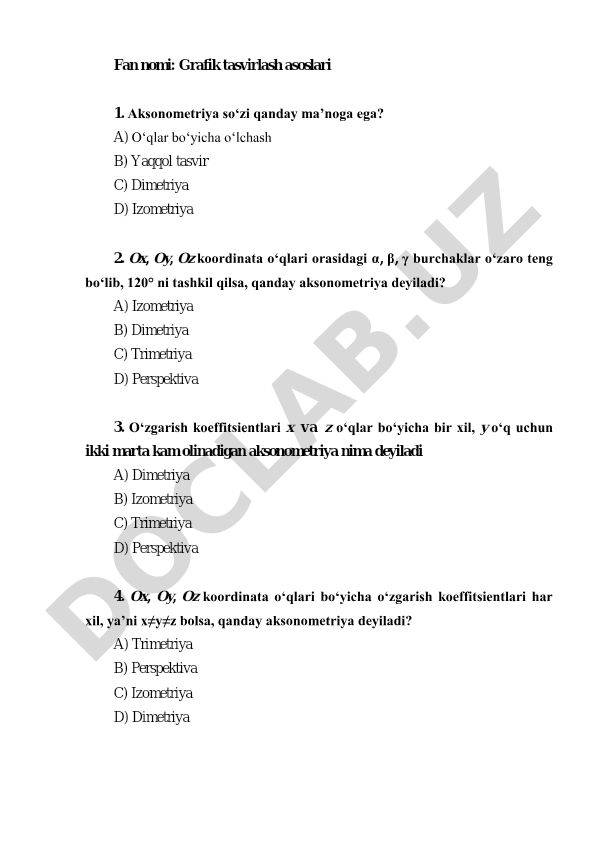 Grafik tasvirlash asoslari fanidan test savollari