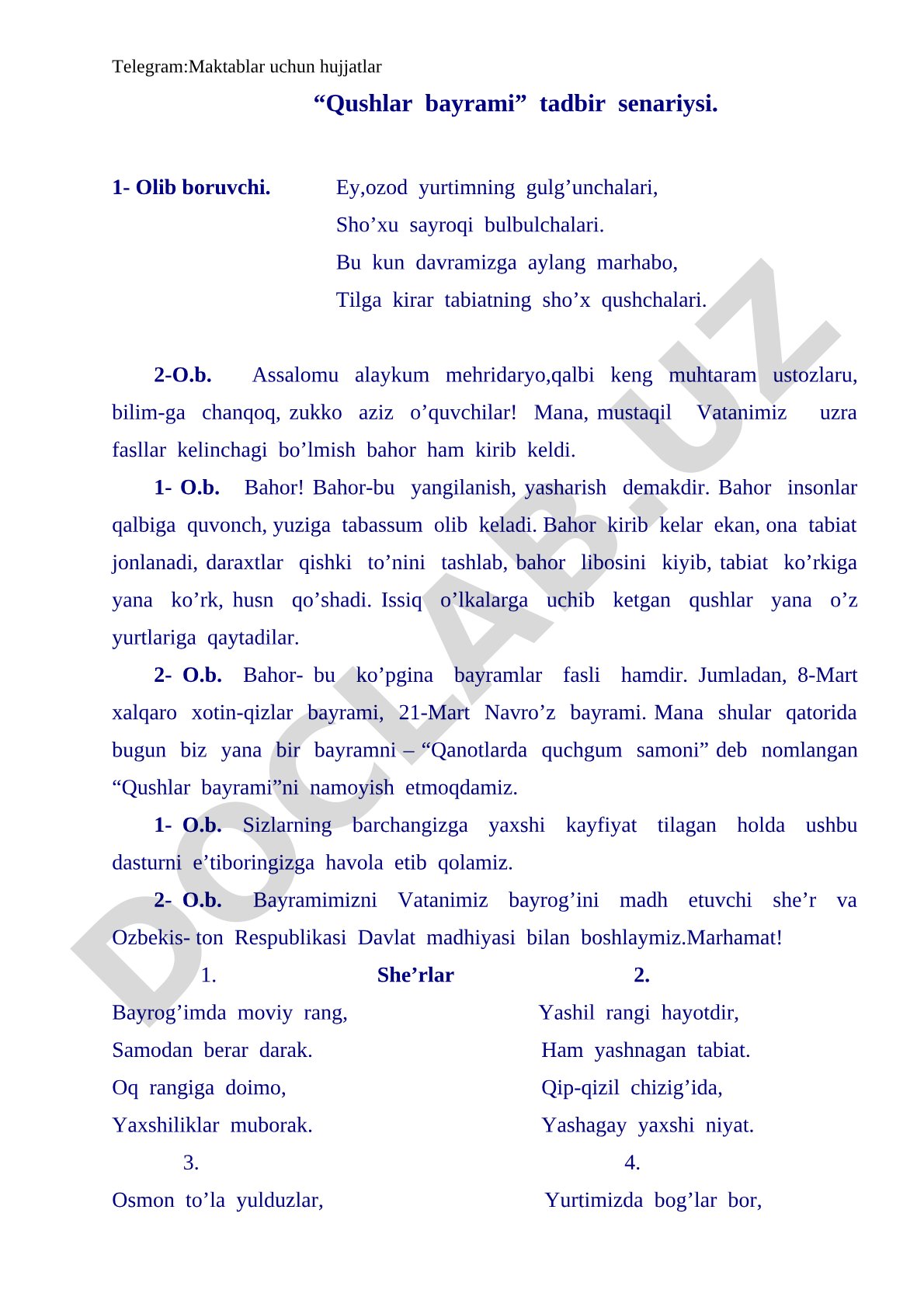 Qushlar bayrami tadbir senariysi
