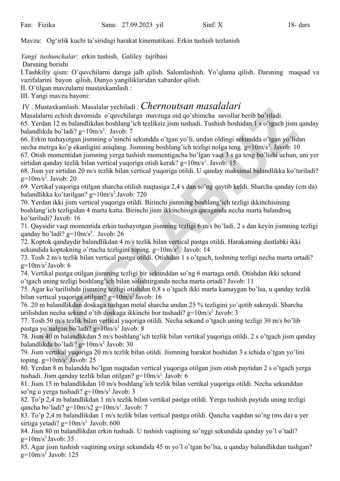 Og‘irlik kuchi ta’siridagi harakat kinematikasi. Erkin tushish tezlanish