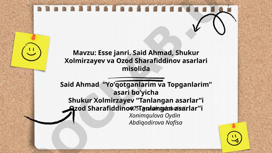 Esse janri. Said Ahmad, Shukur Xolmirzayev va Ozod Sharafiddinov asarlari misolida