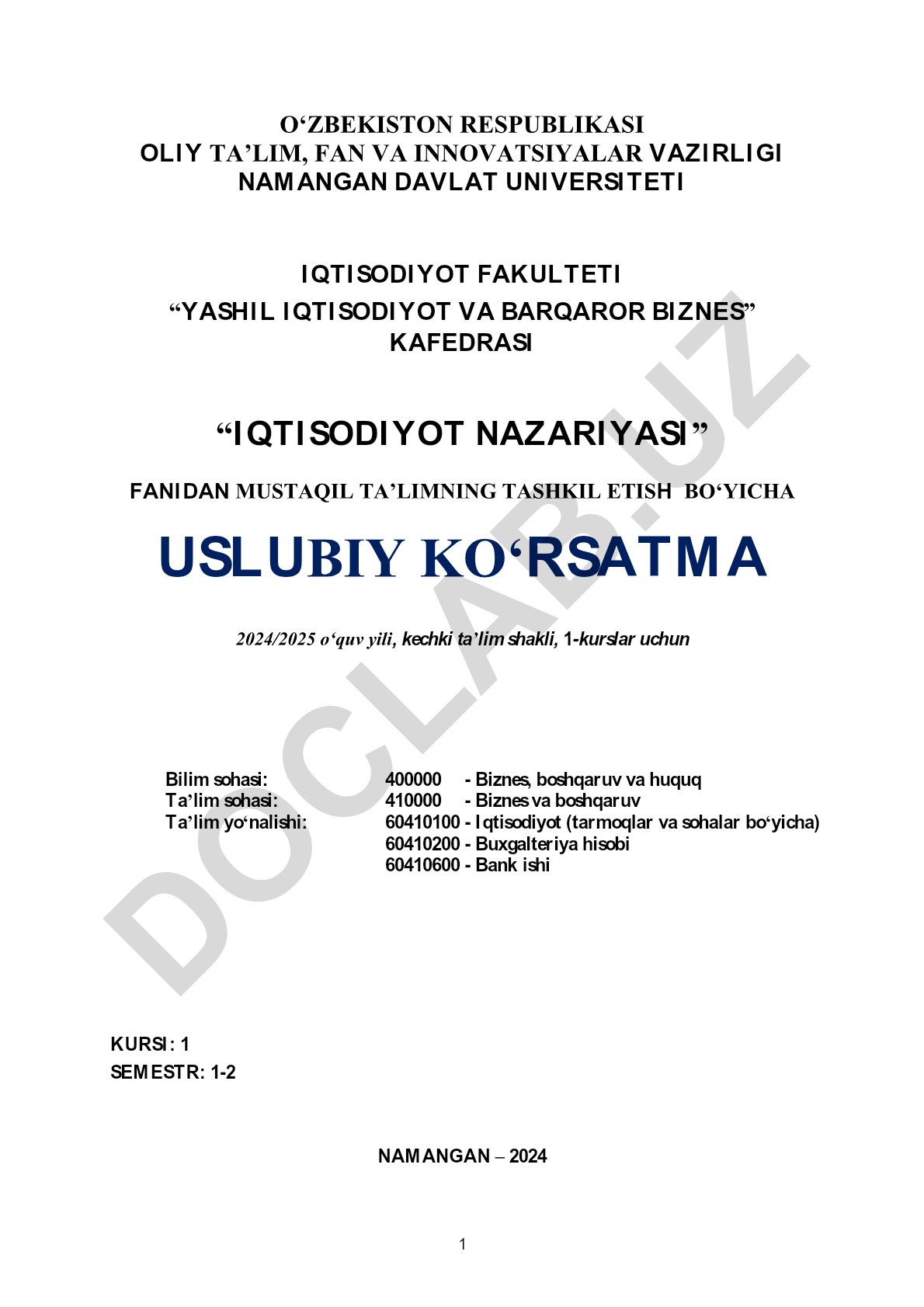 Iqtisodiyot nazariyasi fanidan mustaqil ta'limni tashkil etish bo'yicha uslubiy ko'rsatma