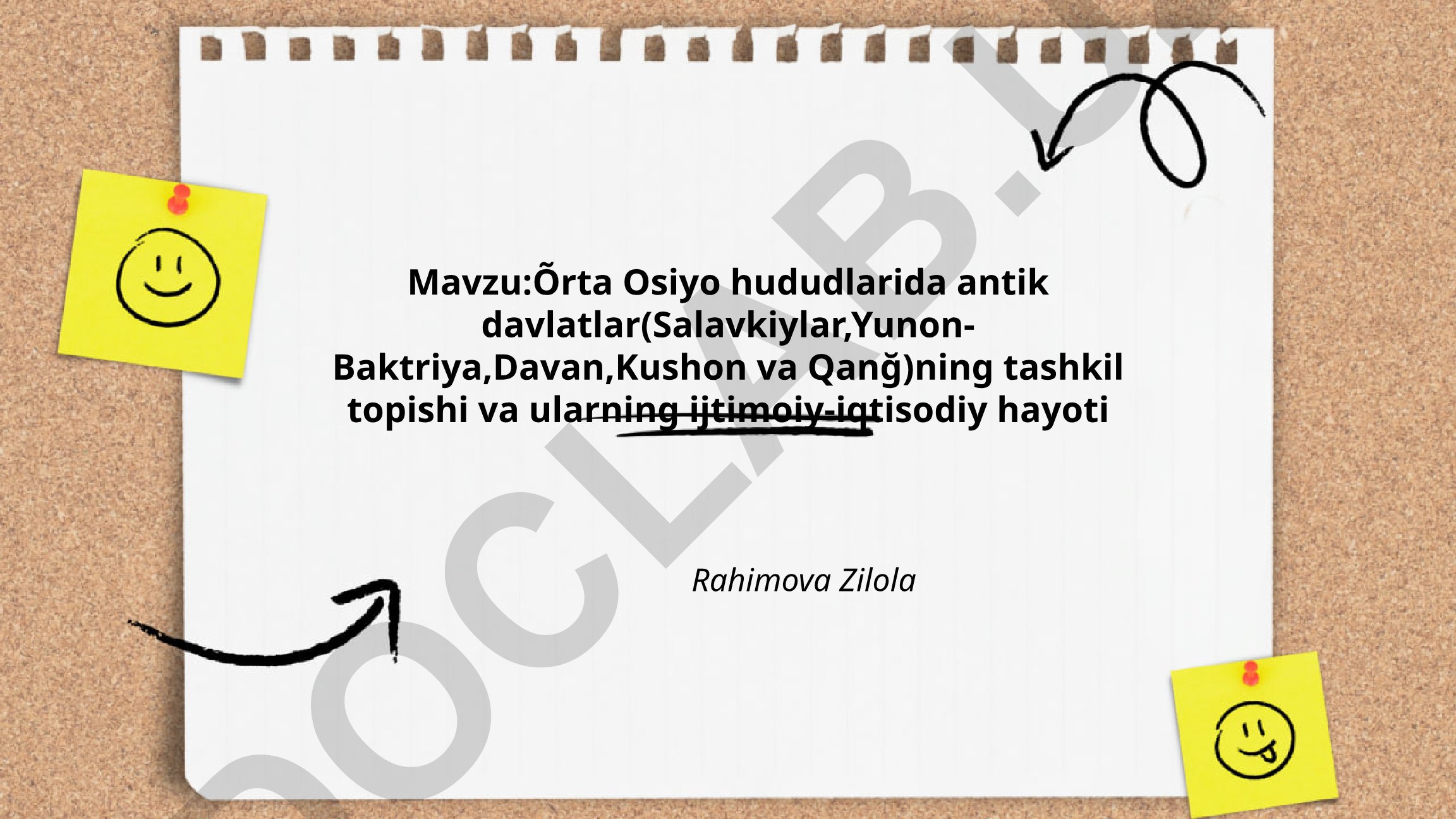 O'rta Osiyo hududlarida antik davlatlar (Salavkiylar, Yunon-Baktriya, Davan, Kushon va Qanğ)ning tashkil topishi va ularning ijtimoiy-iqtisodiy hayoti