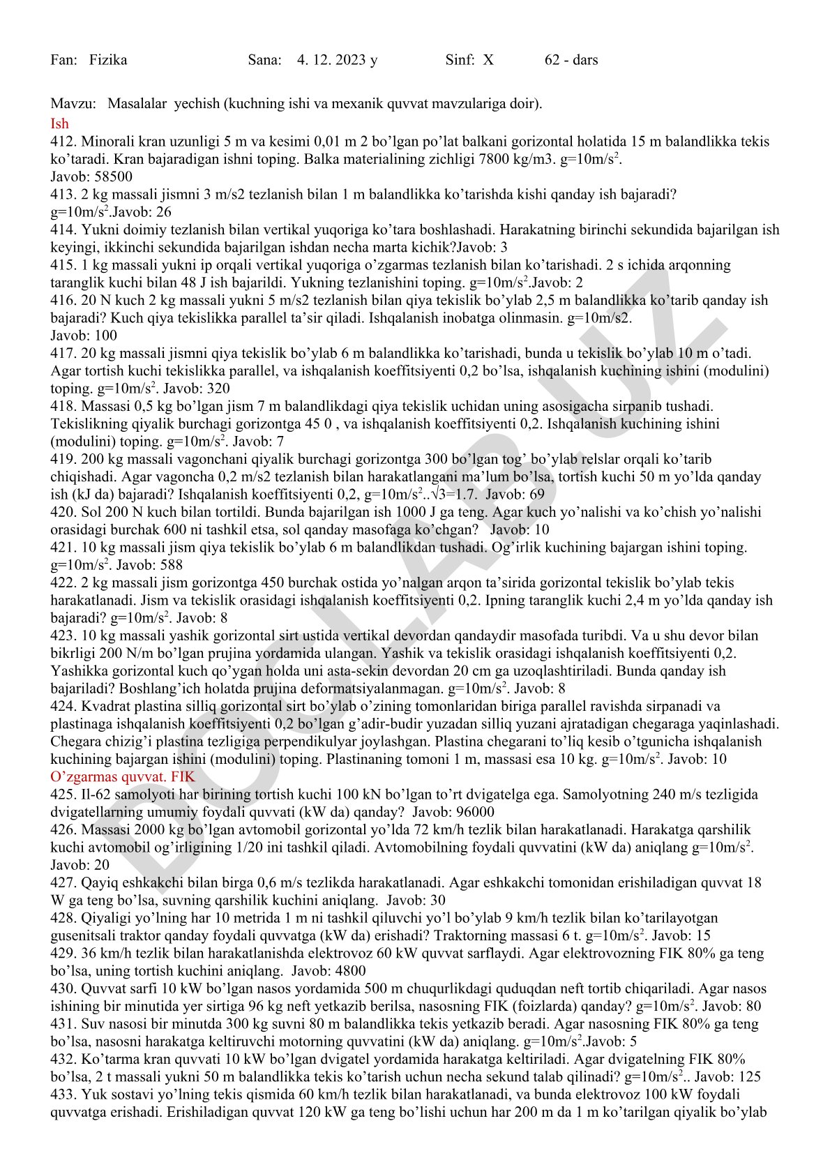Masalalar yechish (kuchning ishi va mexanik quvvat mavzulariga doir)