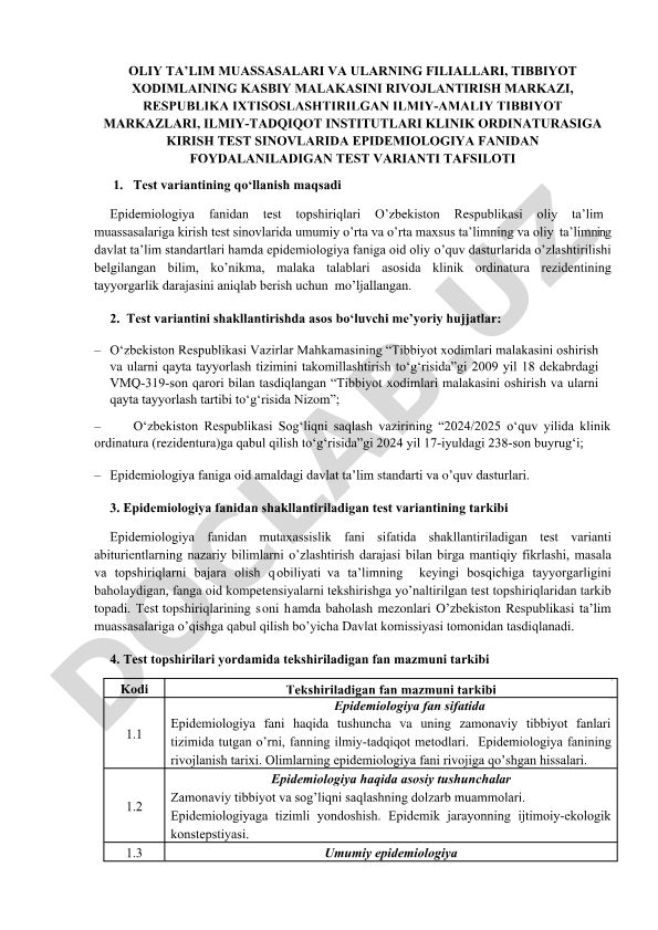 Epidemiologiya fanidan klinik ordinaturaga kirish test variantlari